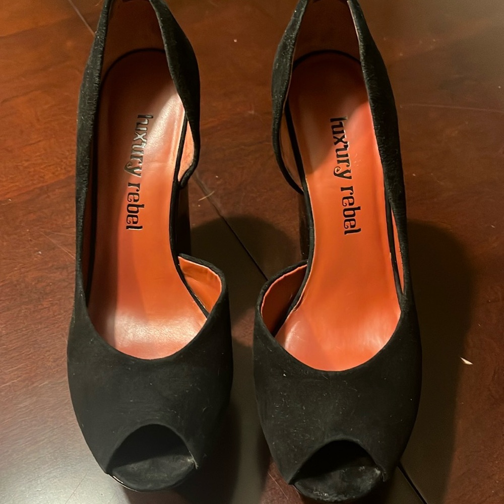 REDUCED Luxury Rebel Black Platform Peep Toe Heals - 1 inch platform/4 inch heal